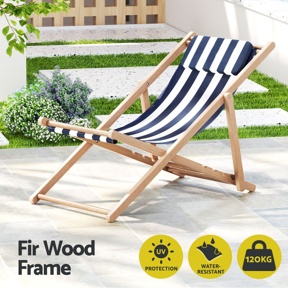 Deck Chair Wooden Sun Lounge Folding - Blue