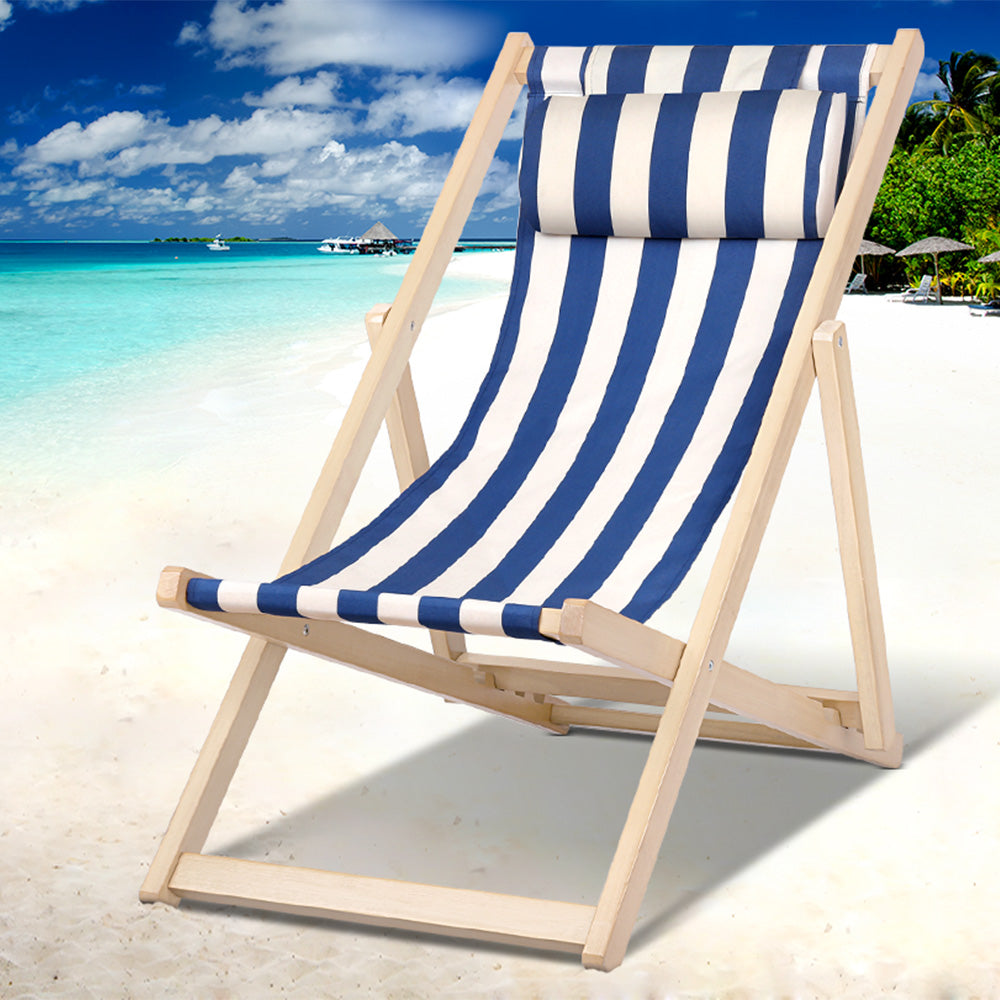 Deck Chair Wooden Sun Lounge Folding - Blue