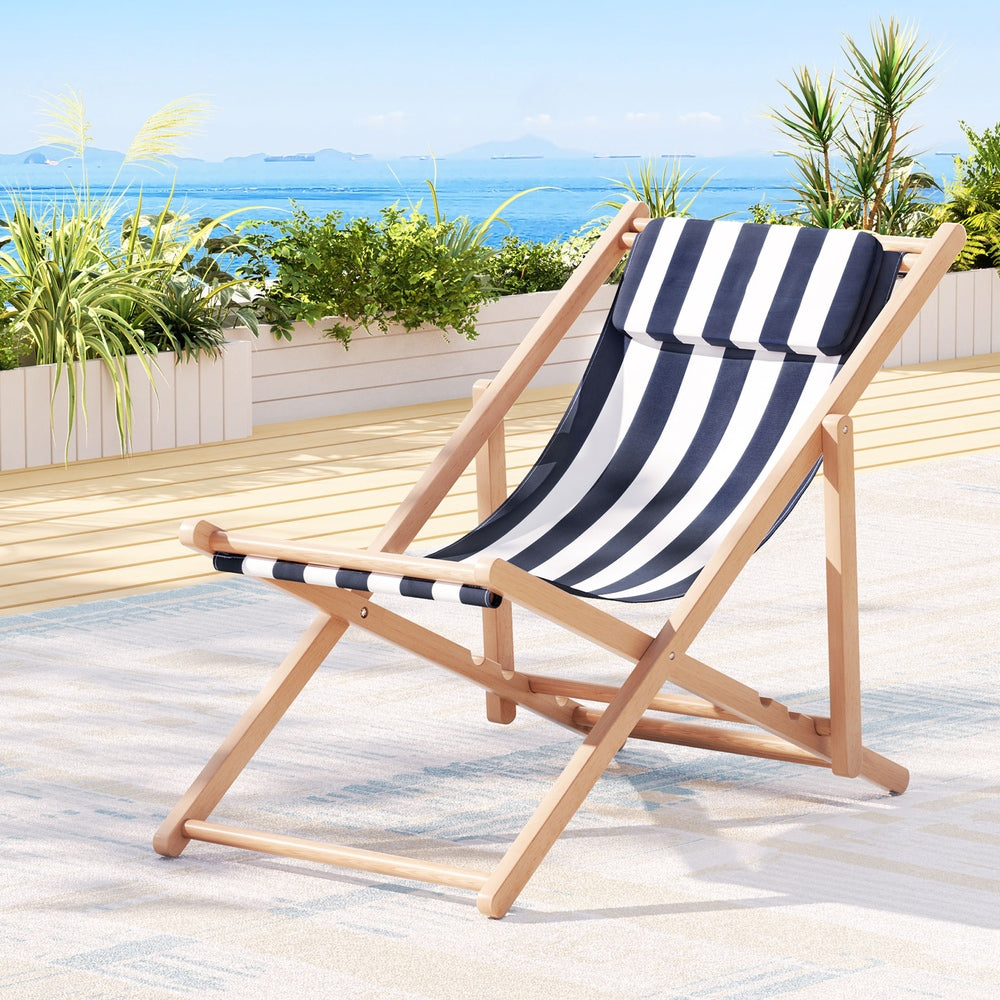 Deck Chair Wooden Sun Lounge Folding - Blue